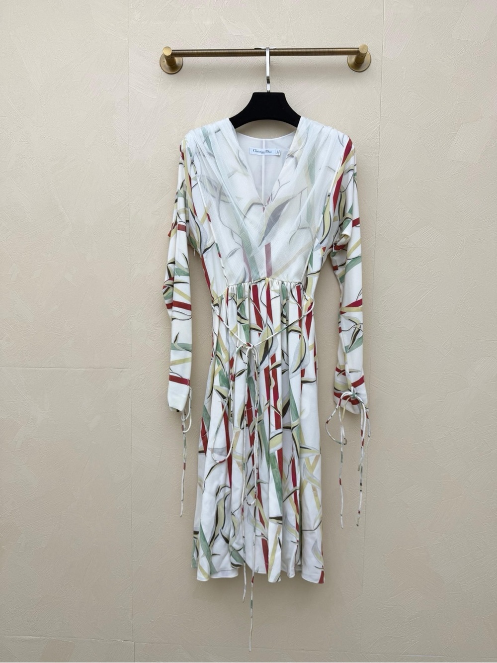 Dior White Long Sleeve Printed Wrap Dress with Red and Green Accents